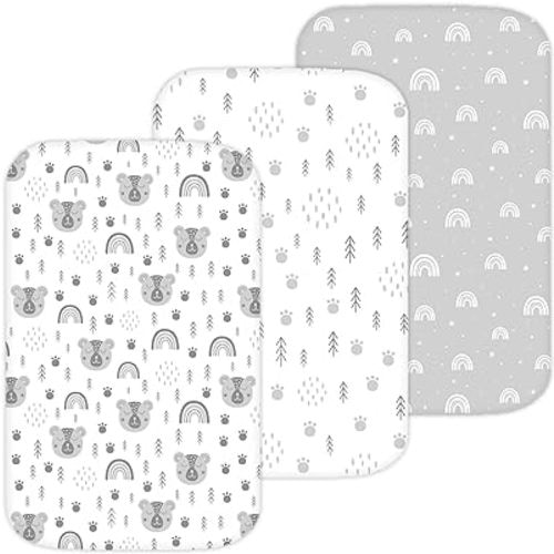 TansyPanda Bassinet Sheets for Angelbliss, Koolerthings, and Koola Baby Bassinet Bedside Sleeper, 3 Pack, 33x20 inch, Ultra Soft, Breathable, Snug Fit, Unisex Boys Girls, Gray White (Woodland Rainbow)