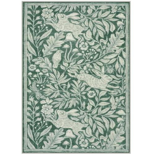 Nadine Vintage Woodcut Forest and Rabbit Green Area Rug - Lahome
