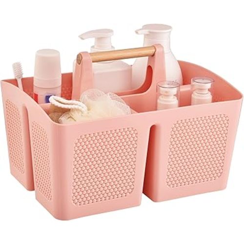 Haundry Plastic Pink Shower Caddy Basket with 3 Compartments, Portable Divided Bathroom Cleaning Caddy Organizer Storage Tote with Handle for Dorm, College, Room Essentials
