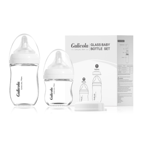 Natural Glass Baby Bottle Newborn Set, 3 oz and 5 oz with Extra Slow Flow & Slow Flow Nipple, Anti Colic, 0-3 Months, 2 Pack - White
