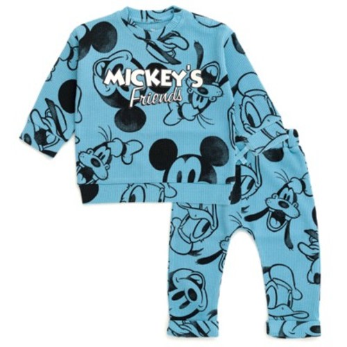 Disney Mickey Mouse Goofy Donald Duck Newborn Baby Boys Waffle Knit Drop Shoulder Sweatshirt and Jogger Pants Set Blue 6-9 Months