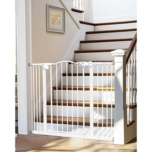 InnoTruth 29-39.6" Baby Gate for Stairs, Auto Close Both Sides Dog Gate with One-Hand Opening, 30" Tall Safety Gates for Pets, Hallways, Bedrooms, Wall Pressure Mount No Drill, White