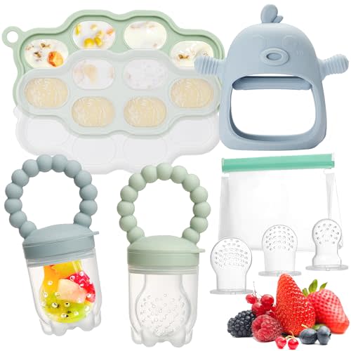 WEST STORY Baby Feeding & Teething Kit, Breastmilk Popsicle Molds, Food Freezer Tray, Baby Fruit Food Feeders, Baby Teething Mitten, 3 Extra Food Pacifiers & Storage Bag for Infant Newborn, BPA Free