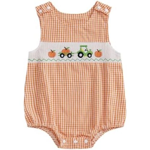 Newborn Baby Boy Halloween Outfit Pumpkin Truck/Tractor Embroidered Smocked Bubble Romper Sleeveless Plaid Bodysuit