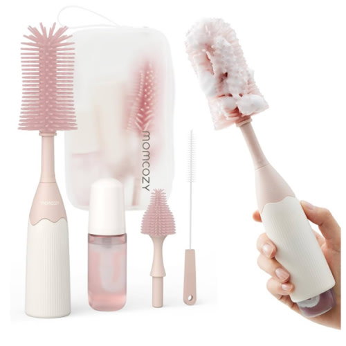 Momcozy Bottle Brush Kit, Innovative Push-Press Design for Better Cleaning - Baby Bottle Cleaner Brush for Baby Bottle, Breast Pumps, Nipples, and More - Can Generate Foam for Better Cleaning, Green