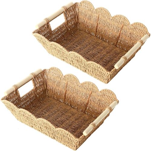 Scalloped Edge Basket with Wooden Handle, Water Hyacinth/Seagrass/Wicker Storage Baskets, Hand Woven Baskets for Shelves,Natural Baskets for Organizing (2 Pack Paper Rope, 16.5 * 12.6 * 5.5“)