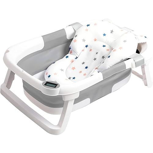 Collapsible Baby Bathtub,Baby Bath Tub with Soft Cushion & Thermometer,Baby Bathtub Newborn to Toddler 0-36 Months,Portable Travel Baby Tub,Gray