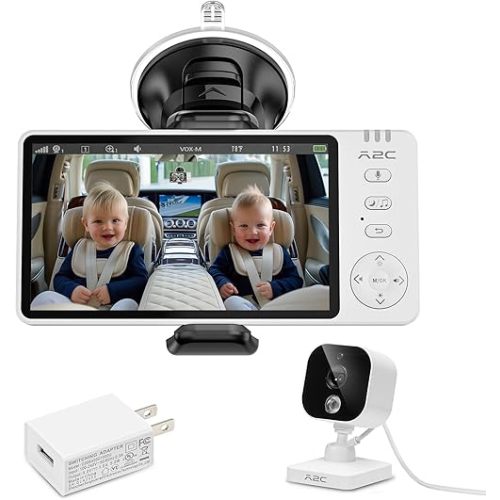 A2C Wireless Baby Car Camera, USB Powered Baby Monitor for Car Backseat & Home, 5" HD 1080P Auto/Manual Night Vision Screen with 7-Hour Battery, Rear Facing Carseat Monitor, for Travel & Home Safety