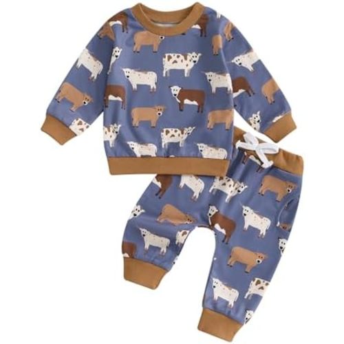 Toddler Baby Boy Fall Winter Outfit Cow Print Long Sleeve Sweatshirt Casual Pants Sweatpants Set Western Clothes