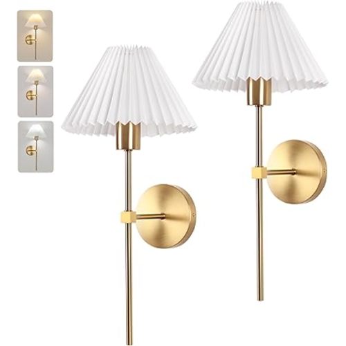 Wireless Wall Sconce Sets of 2, Pleated Shades Rechargeable Battery Operated Wall Sconce, Retro Industrial Gold Wall Lights Bathroom Vanity Sconces, Wall Mounted Lamps for Bedroom Living Room Kitchen