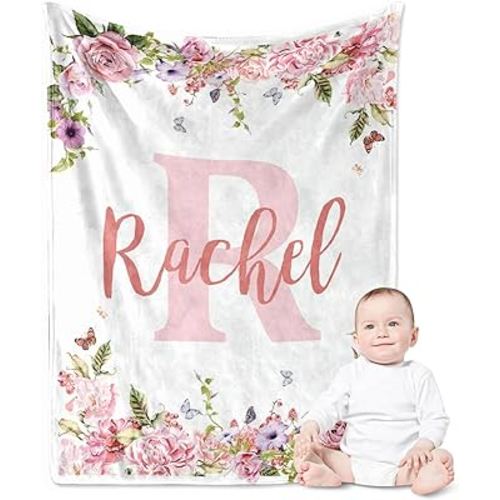 Yoke Style Personalized Baby Blankets for Girls with Names, Custom Baby Blanket Initial Swaddle Blanket, Personalized Baby Gifts for Newborn, New Mom on Baby Shower, Birthday