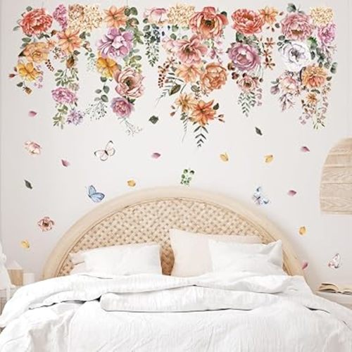 Hanging Peony Flower Wall Stickers Large Spring Flower Vine Wall Decals Retro Boho Floral Leaves Butterflies Home Art Sticker for Baby Nursery Bedroom Living Room Wall Decor