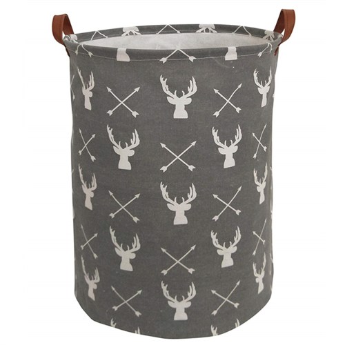 Large Round Laundry Bin by Howarmer, Collapsible Children's Storage Basket with Handles - Grey Deer