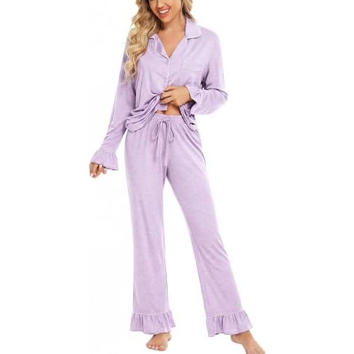 Women Bamboo Viscose Pajama Sets Ruffled Cuff Hem Long Sleeve Fancy Yarn 2 Piece Loungewear Loose Fit Drop Shoulder