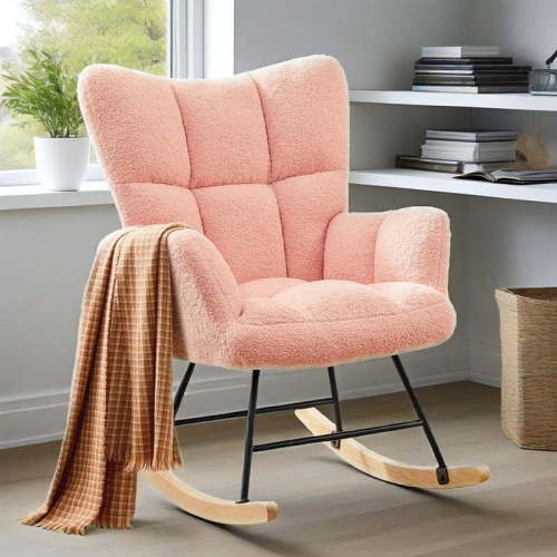 Gianna Rocking Chair Nursery, Teddy Upholstered Glider Rocker with High Backrest, Reading Chair Modern Rocking Accent Chairs Glider Recliner, Pink-1