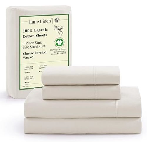 LANE LINEN 100% Organic Cotton King Bed Set, 4-Piece Cotton Bed Sheets, Crisp Percale Weave, Ultra Soft Bedding Sets & Collections, 15" King Size Sheets Deep Pocket Set - Glacier Grey