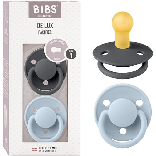 BIBS Pacifiers - De Lux Collection | BPA-Free Baby Pacifier | Made in Denmark | Set of 2 Iron/Baby Blue Color Premium Soothers | Size 0-6 Months