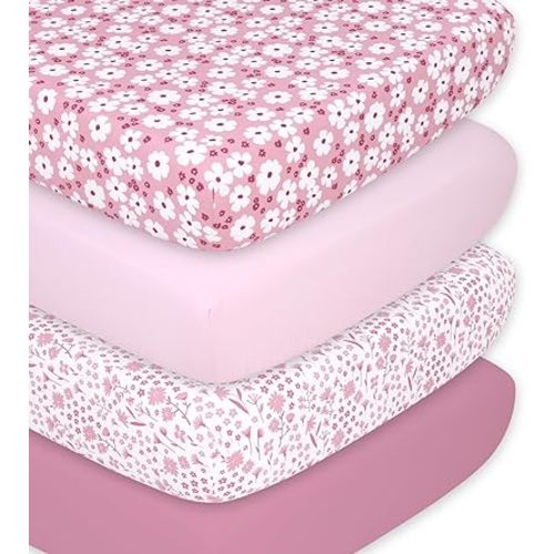 The Peanutshell 4-Pack Fitted Crib Sheet Set - Super Soft & Breathable Baby Girl Crib Sheets, Nursery Decor, Fit for Standard Crib Mattress Sheet - Daisy