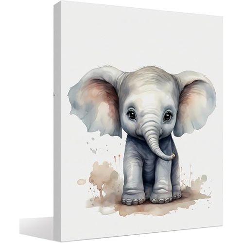 BIWSHA Cute Elephant Wall Art - Elephant Nursery Decor, Watercolor Animal Wall Art Prints Poster, 11x14 Inches Framed