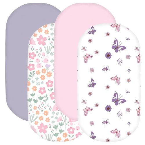 Little Grape Land Bassinet Sheets for Baby Girl 4 Pack, Soft Microfiber Fitted Cradle Sheets 33"x18"x4", Breathable & Snug for Oval/Rectangle Mattress – Pink Floral/Butterfly/Light Pink/Purple