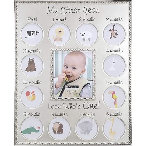 Malden International Designs My First Years Beaded Two Tone Silver Metal Picture Frame, 3 Option, 1-3.5x4 & 12-1x1, Silver