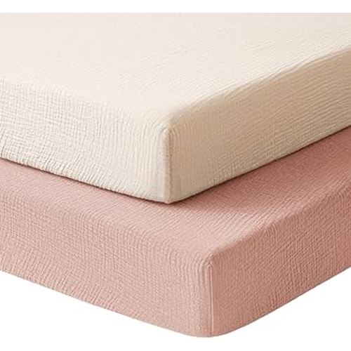 Konssy Muslin Mini Crib Sheets, 100% Soft Cotton Pack and Play Sheets for Pack N Play Mattress, Playard Baby Crib Sheets for Baby Girls (Pink, Cream)
