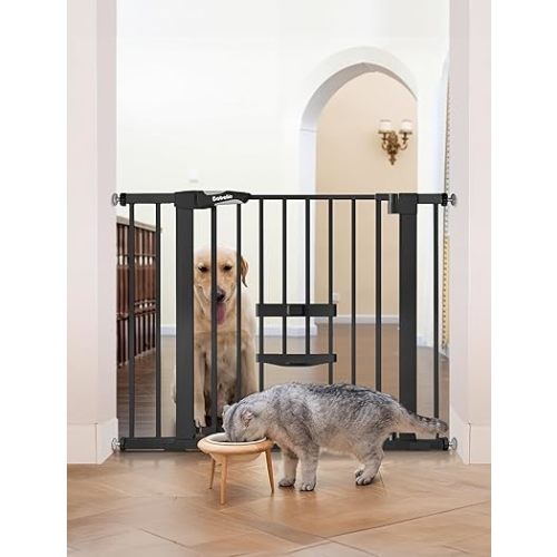 Babelio New Version Baby Gate with Cat Door Adjustable, 29-40" Metal Pet Door for Stairs & Doorways, Pressure Mounted, No Tools Needed, Black