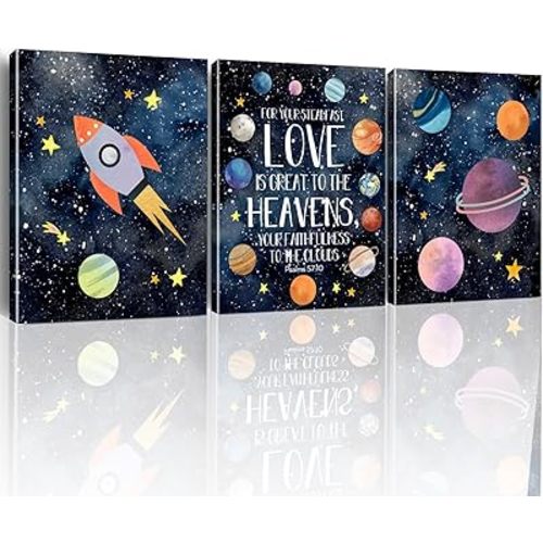 Yuzi-n Outer Space Decor for Boys Room, Wall Art Decor for Teen Boy Bedroom Nursery Toddler Boys Room, Inspirational Space Bible Verse Psalm 57:10 Posters Set of 3 (12x15 Inch)