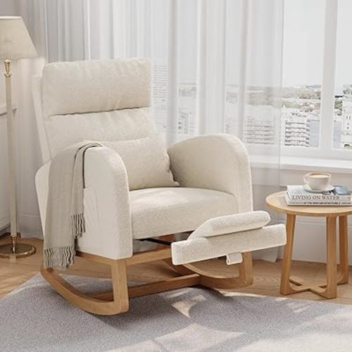 GarveeHome Teddy Fleece Rocking Chair with Footrest, Modern Nursery Glider Chair with Side Pockets and Pillow, Rocker Chair for Living Room Bedroom Nursing Room, White