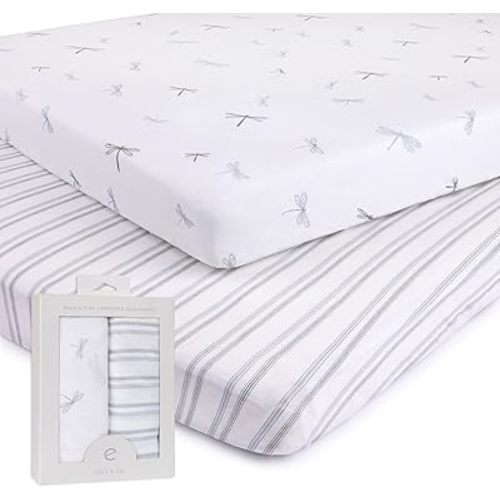 Ely’s & Co. Pack and Play Sheets, for Mini/Portable Crib, 2 Pack Fitted Playpen Play Yard Sheet Set Compatible with Graco Pack n Play, for Baby Boys, 100% Cotton, Blue Dragonflies+Stripes, 38”x24”x5”