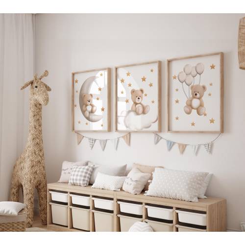 Set of 3 Teddy bear nursery wall art print| Bear nursery Decor| Bear ,Moon, ballon| Nursery child Kids Decor| Baby neutral print| Neutral