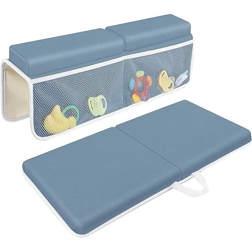 JJGoo Bath Kneeler with Elbow Rest Pad Set, 1.5 inch Kneeling Pad Mat for Bathtub Baby Bathing Parents, Painless Foam Mat with Toy Organizer Pockets, Non-Slip for Baby and Toddler Bathing