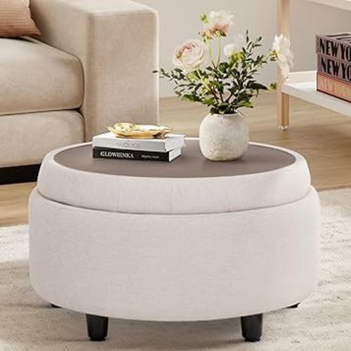 COLAMY Fabric Round Storage Ottoman with Reversible Tray Lid – Multi-Functional Footrest, Hidden Storage, Sturdy & Stylish Small Coffee Table for Living Room, Bedroom, or Entryway(Beige)