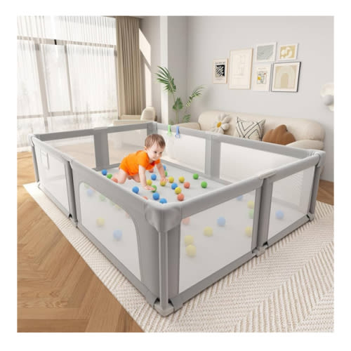 Baby Playpen, 73" x 61" Lareg Foldable Playpen with Mat for Babies and Toddlers,Play Pen with Soft Breathable Mesh, Ocean Balls and Pull Links, Baby Playard for Indoor & Outdoor, Gray