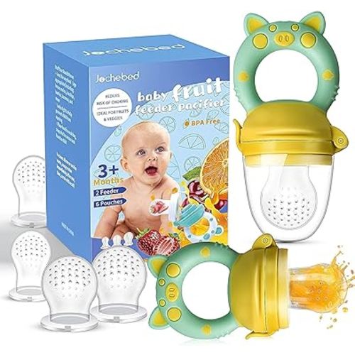 Baby Fruit Food Feeder Pacifier - Fresh Teething Pacifiers, Infant Fruit Teething Teether Toy for 3-24 Months, 6 Pcs Silicone Pouches for Toddlers & Kids & Babies, Piggy Handle 2-Pack (Yellow)