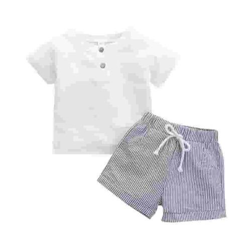TAIAOJING Baby Boys Summer Clothes Sets Outfits Unisex Spring Cotton Ribbed Short Sleeve Striped Shorts Outfits Clothes 18-24 Months