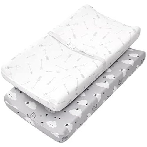 TILLYOU Changing Pad Cover Set, Jersey Knit Ultra Soft Unisex Diaper Change Table Sheets for Baby Boys Girls, Fit 32"/34''x16" Contoured Pad, Comfy Cozy 2-Pack Cradle Sheets, Clouds & Arrows