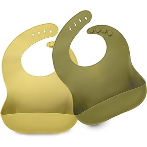 KeaBabies 2-Pack Silicone Bibs For Babies, Silicone Baby Bibs for Eating, Food-Grade Pure Silicone Bib, Toddler Bibs, Waterproof Bibs, Feeding Bibs, Silicon Bibs for Toddlers, Boys, Girls (Olives)