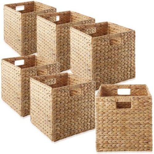 Casafield 13" x 13" Water Hyacinth Storage Baskets, Natural - Set of 4 Collapsible Cubes, Woven Bin Organizers for Bathroom, Bedroom, Laundry, Pantry