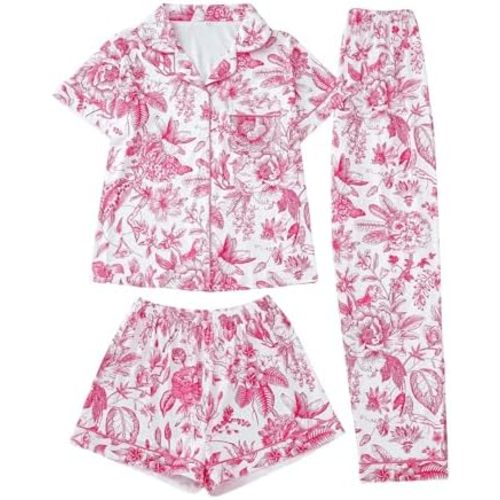 MakeMeChic Women's 3 Piece Pajama Sets Floral Print Short Sleeve Button Down Shirts Shorts and Pants PJ Set