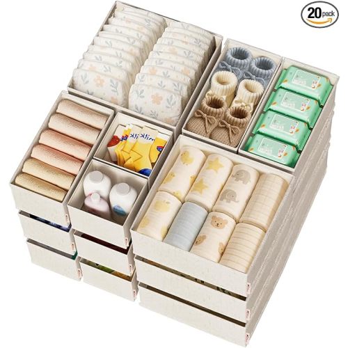 Cotton Linen Drawer Organizers for Baby Clothes, 20Pack Multi-Size Nursery Dresser Dividers for Clothes, Premium Foldable Storage Bins for Bedroom, Closet and Diaper Table, Beige