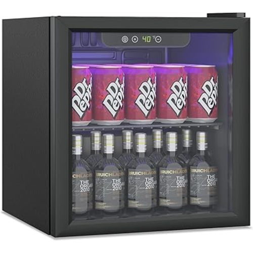 Compact Beverage Refrigerator,60 Can/1.3 Cubic Feet Mini Fridge with Glass Door for Soda, Beer, or Wine, Under Counter Small Refrigerator with Adjustable Shelves and Digital Display