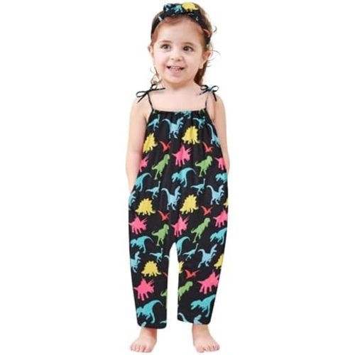 Toddler Baby Girls Romper Sleeveless Jumpsuit Summer Clothes Adjustable Tie-Up Strap with Pocket Headband 1-5T