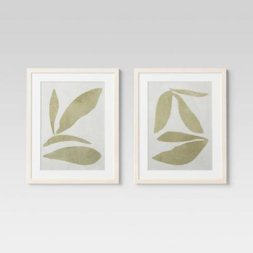 (set Of 2) 16" X 20" Leaf Framed Wall Art Set Natural - Threshold™: Botanical Drawing, Beige Frame, Vertical Display