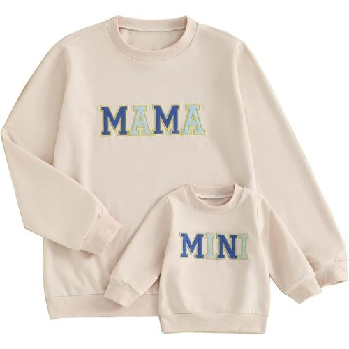 ZAXARRA Mommy and Me Matching Outfits Long Sleeve Crewneck Pullover Tops Mama Sweatshirt Mama and Mini Clothes