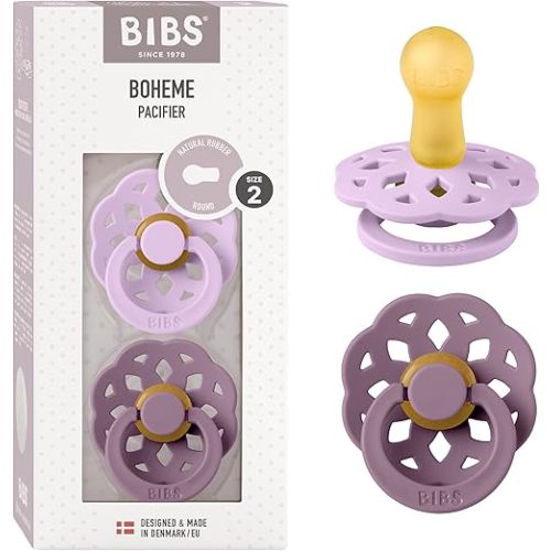 Bibs Pacifiers 6-18 Months | Boheme Collection 2-Pack | BPA-Free Round Nipple | Made in Denmark | Violet Sky/Mauve Color Pacifier