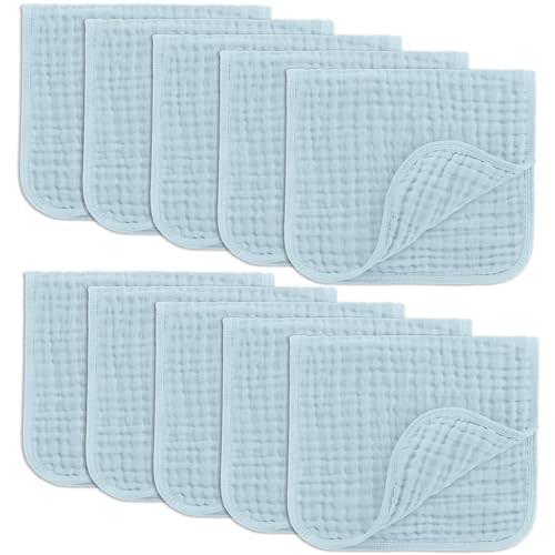Comfy Cubs Muslin Burp Cloths Set Large 100% Cotton Hand Washcloths for Babies, Baby Essentials 6 Layers Extra Absorbent and Soft Boys & Girls Baby Bibs & Burp Cloths Set (Sky Blue, 10-Pack, 20" X10")