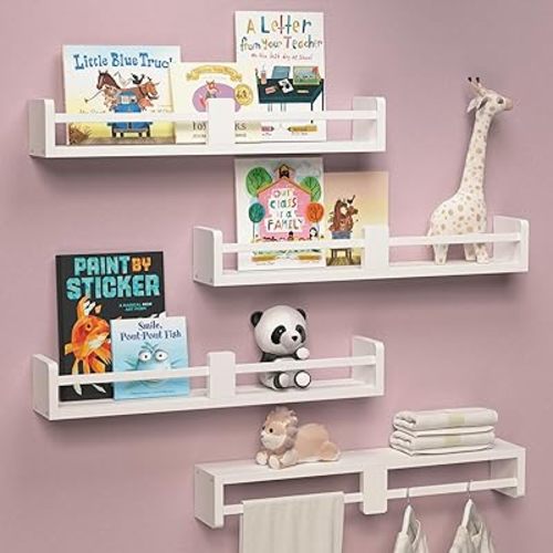 24 Inch White Nursery Book shelves, Floating Shelves Set of 4, Wall Mounted Hanging Shelves for Kids Room Wall, White Wall Shelves, Baby Book Shelves for Kids Bedroom Decor Organizer - White