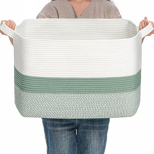 CLHMILY&Z Stylish Square Cotton Rope Storage Basket (Green & White, 85L)