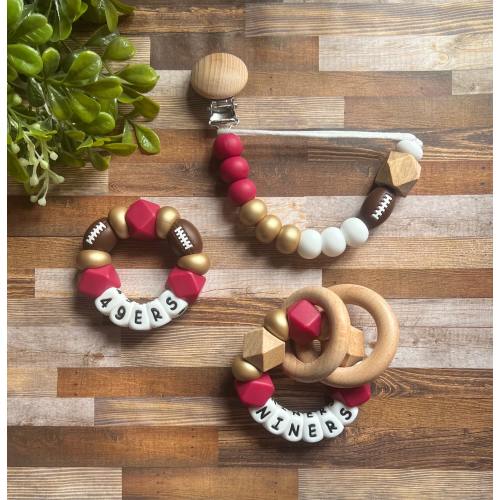 San Francisco 49ers Toy Collection - Pacifier Clip - Rattle - Go Niners - Baby 49ers Toy - Rattle - Red - Gold - Football - Baby Gift - Toy